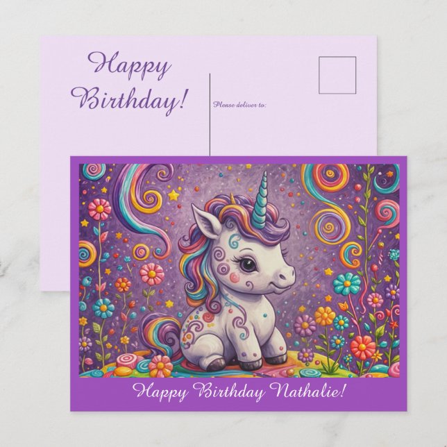 Cute Baby Unicorn Purple Birthday Greeting Postcard (Front/Back)