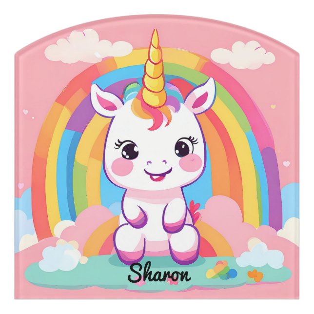 Cute Baby Unicorn Rainbow Door Sign (Contour Front)