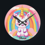 Cute Baby Unicorn Rainbow Round Clock<br><div class="desc">Introducing our adorable 'Cute Baby Unicorn Rainbow' – the perfect addition to enchant your child's world. This charming unicorn, adorned with a vibrant rainbow mane, brings a touch of magic and whimsy to playtime. Delight in the joy it brings to your little one's heart as they embark on imaginative adventures...</div>