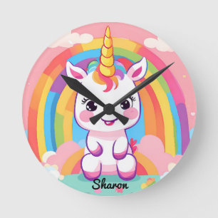 Cute Baby Unicorn Rainbow Round Clock