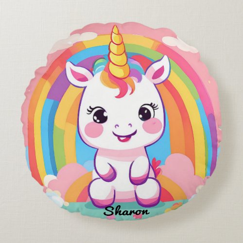 Cute Baby Unicorn Rainbow Round Pillow