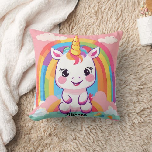 Cute Baby Unicorn Rainbow Throw Pillow