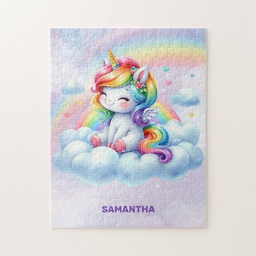 Cute baby unicorn seating on a cloud and rainbows jigsaw puzzle