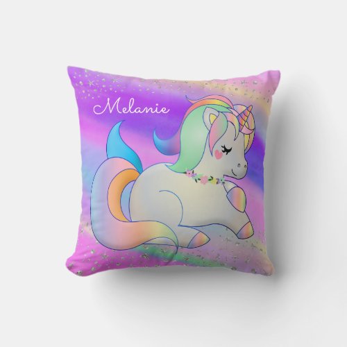 Cute Baby Unicorn Silver Stars Rainbow Throw Pillow