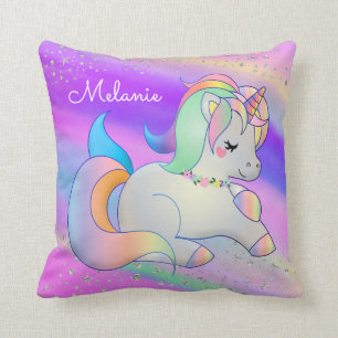 Cute Baby Unicorn Silver Stars Rainbow Throw Pillow
