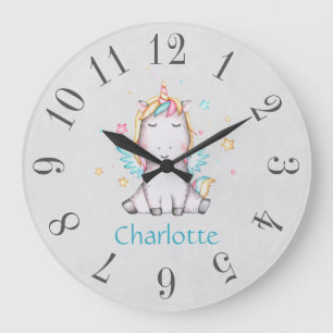 Cute Baby Unicorn Soft Gray & Teal Personalized Large Clock