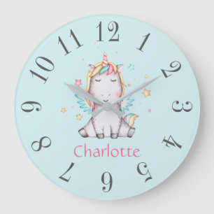 Cute Baby Unicorn Soft Teal Personalized Large Clock