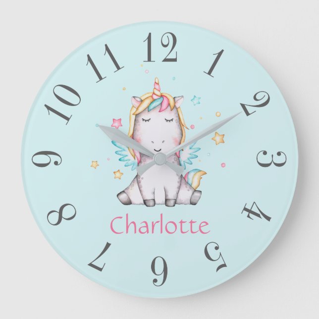 Cute Baby Unicorn Soft Teal Personalized Large Clock (Front)