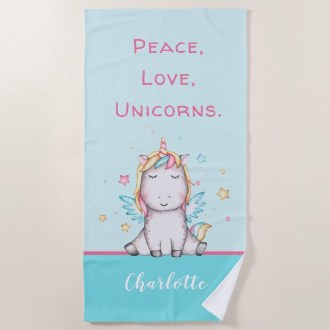 Cute Baby Unicorn Teal Personalized Beach Towel (Front)