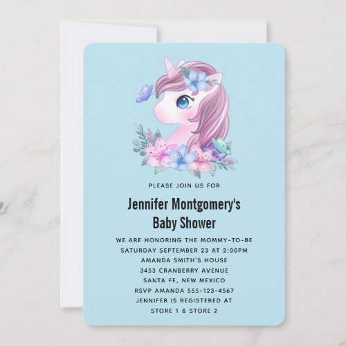 Cute Baby Unicorn Watercolor Baby Shower Invitation