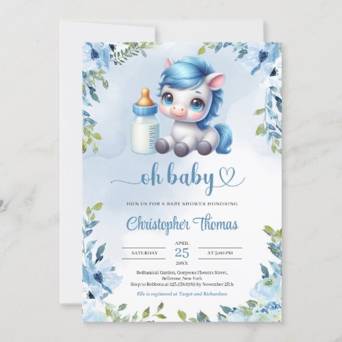 Cute baby unicorn watercolor blue floral greenery invitation
