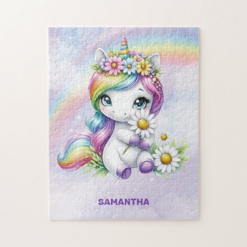 Cute baby unicorn with flowers daisy and rainbows jigsaw puzzle