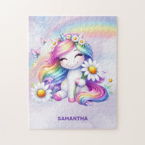 Cute baby unicorn with flowers daisy and rainbows jigsaw puzzle