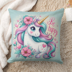 Cute Baby Unicorn With Flowers for Women & Girls Throw Pillow