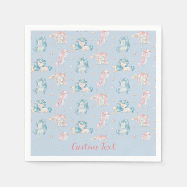 Cute Baby Unicorns Blue Pink Personalized Napkins (Front)