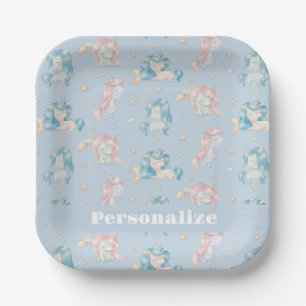 Cute Baby Unicorns Pink Blue Personalized Paper Plates