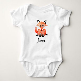 Cute Baby Watercolor Woodland Wildlife Fox & Name Baby Bodysuit