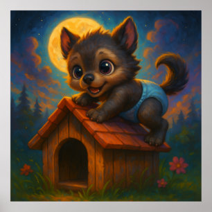 Cute Baby Werewolf on Dog House Fantasy Art Poster