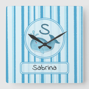 Cute Baby Whale Blue Stripes Square Wall Clock