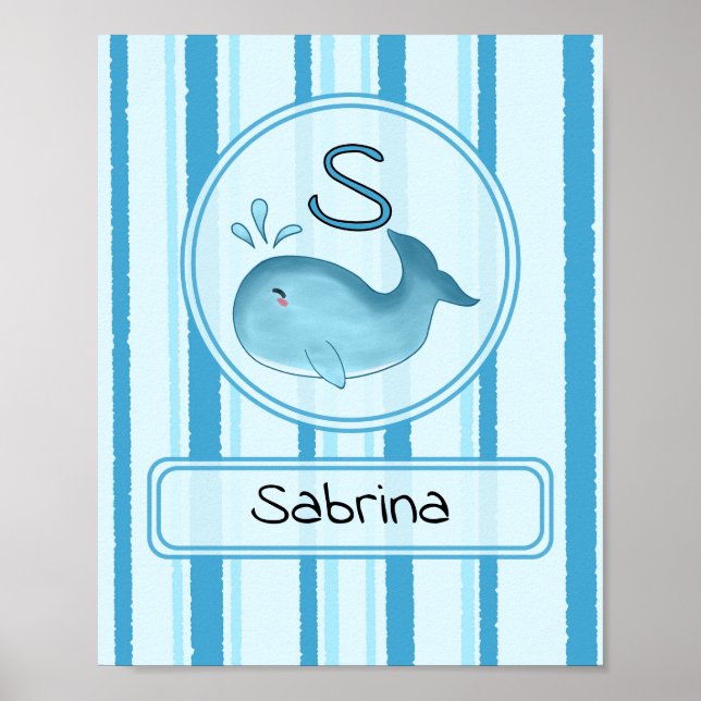 Cute Baby Whale Blue Stripes Wall Art (Front)