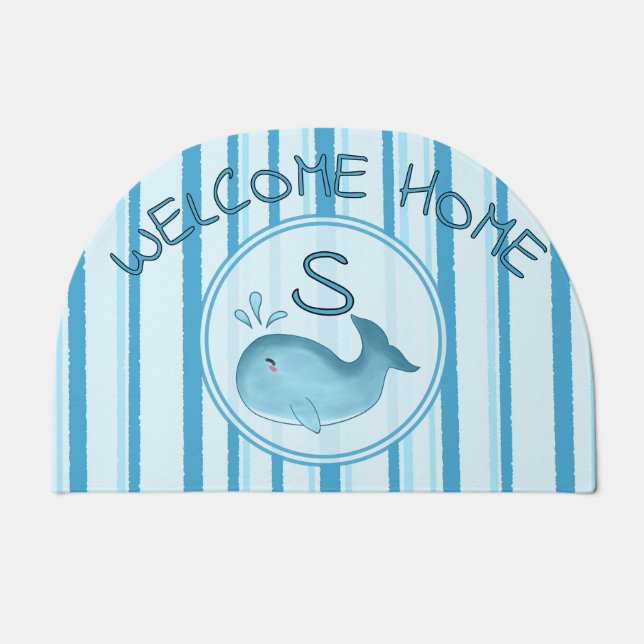 Cute Baby Whale Blue Stripes Welcome Home Doormat (Front)
