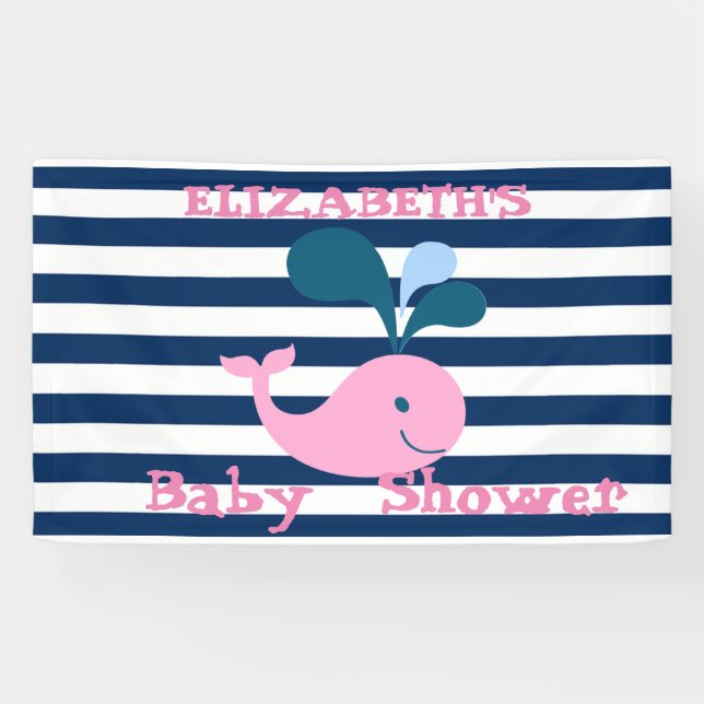 Cute Baby Whale, Navy Blue Stripes-Personalized Banner (Horizontal)