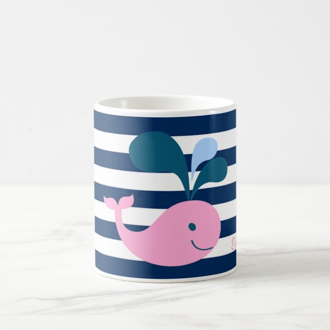 Cute Baby Whale, Navy Blue Stripes-Personalized Coffee Mug (Center)