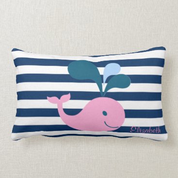 Cute Baby Whale, Navy Blue Stripes-Personalized Lumbar Pillow Cute Baby Whale, Navy Blue Stripes-Personalized Lumbar Pillow