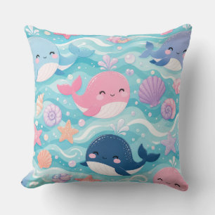 Cute Baby Whale Nursery Decor Pink & Blue Ocean Throw Pillow