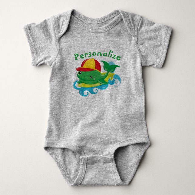 Cute Baby Whale on Surfboard Personalize Baby Bodysuit (Front)