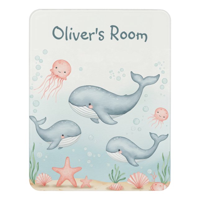 Cute Baby Whales and Jellyfish  Door Sign (Contemporary Vert)