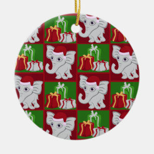 Cute Baby White Elephant Santa Hat Presents Ceramic Ornament