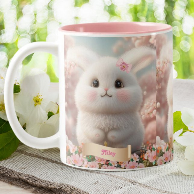 Cute Baby White Rabbit Pink Garden Personalized  Two-Tone Coffee Mug (Creator Uploaded)