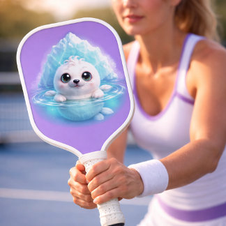Cute Baby White Seal - Lavender Iceberg Design Carbon Fiber Pickleball Paddle