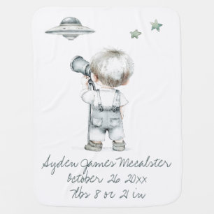 Cute baby with telescope viewing a ufo blanket