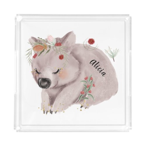 Cute Baby Wombat Gold Speckle Custom Name Acrylic Tray