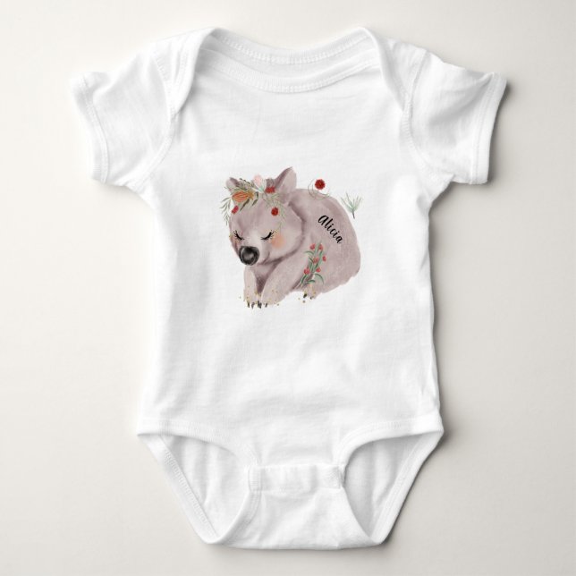 Cute Baby Wombat Gold Speckle Custom Name Baby Bodysuit (Front)