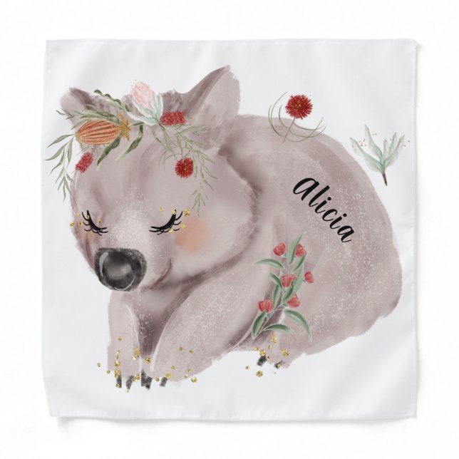 Cute Baby Wombat Gold Speckle Custom Name Bandana (Front)