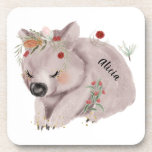 Cute Baby Wombat Gold Speckle Custom Name Beverage Coaster<br><div class="desc">Introducing this delightful watercolor wombat with a touch of gold sparkle! This adorable creature will bring a whimsical charm to any space with its endearing features and enchanting artistic design. To add a touch of magic,  we've infused this lovely artwork with delicate gold sparkle accents.</div>