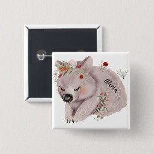 Cute Baby Wombat Gold Speckle Custom Name Button