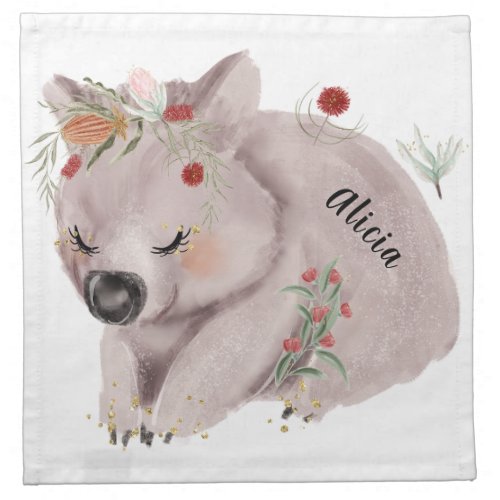 Cute Baby Wombat Gold Speckle Custom Name Cloth Napkin