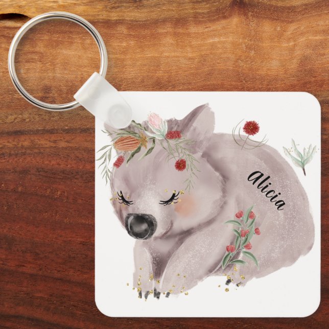 Cute Baby Wombat Gold Speckle Custom Name Keychain (Front)