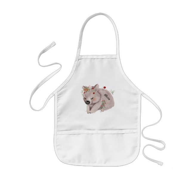 Cute Baby Wombat Gold Speckle Custom Name Kids' Apron (Front)
