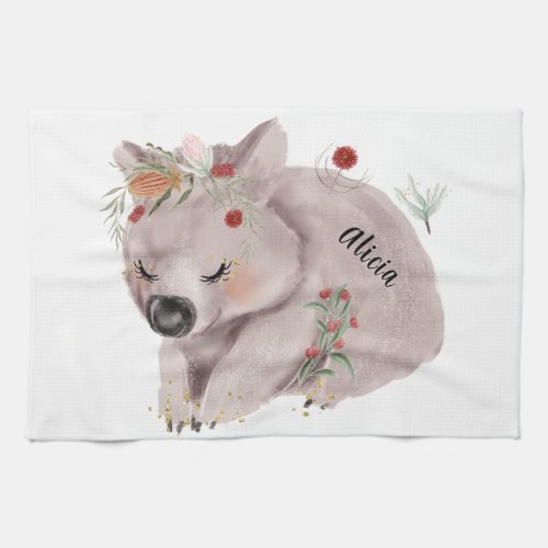 Cute Baby Wombat Gold Speckle Custom Name Kitchen Towel