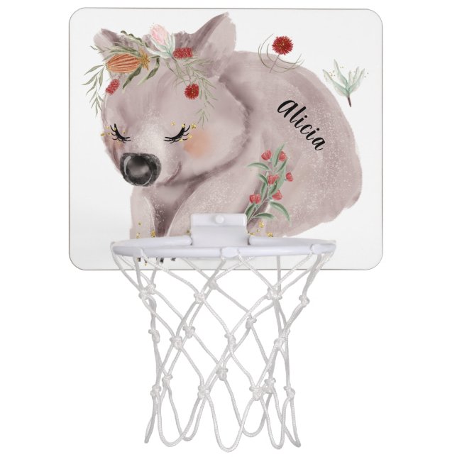 Cute Baby Wombat Gold Speckle Custom Name Mini Basketball Hoop (Front)