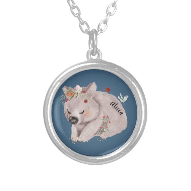 Cute Baby Wombat Gold Speckle CustomPing Pong Ball Silver Plated Necklace (Front)