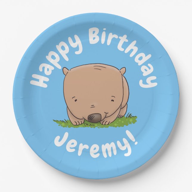Cute baby wombat personalized cartoon birthday paper plates (Front)