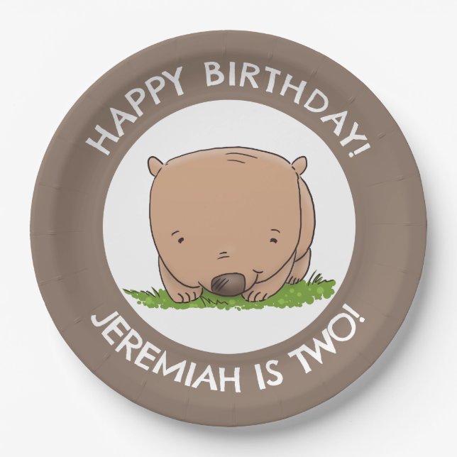 Cute baby wombat personalized cartoon birthday paper plates (Front)