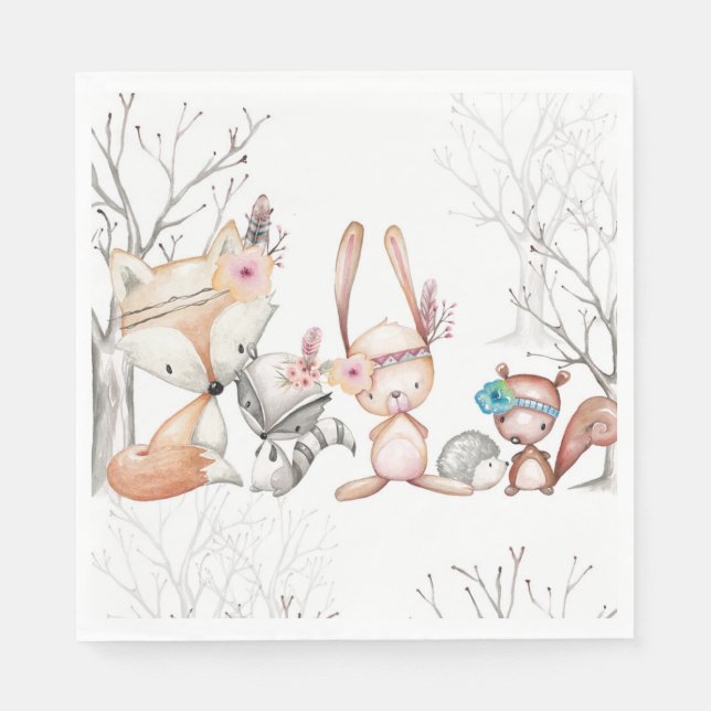 Cute Baby Woodland Animals Fox Bunny Coon Napkins (Front)