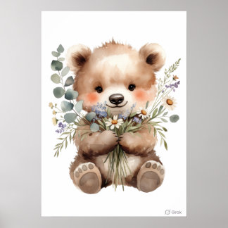 Cute Baby Woodland Bear with Wildflowers Poster